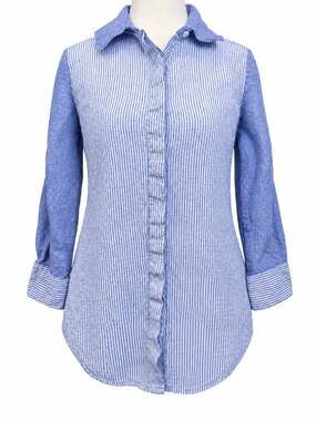 Boho Chic 100% Linen Blue Striped Colorblock Button Shirt Small